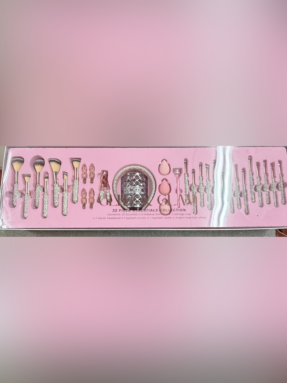 32-Piece Pink and Silver Makeup Brush Set with Glitter Handles